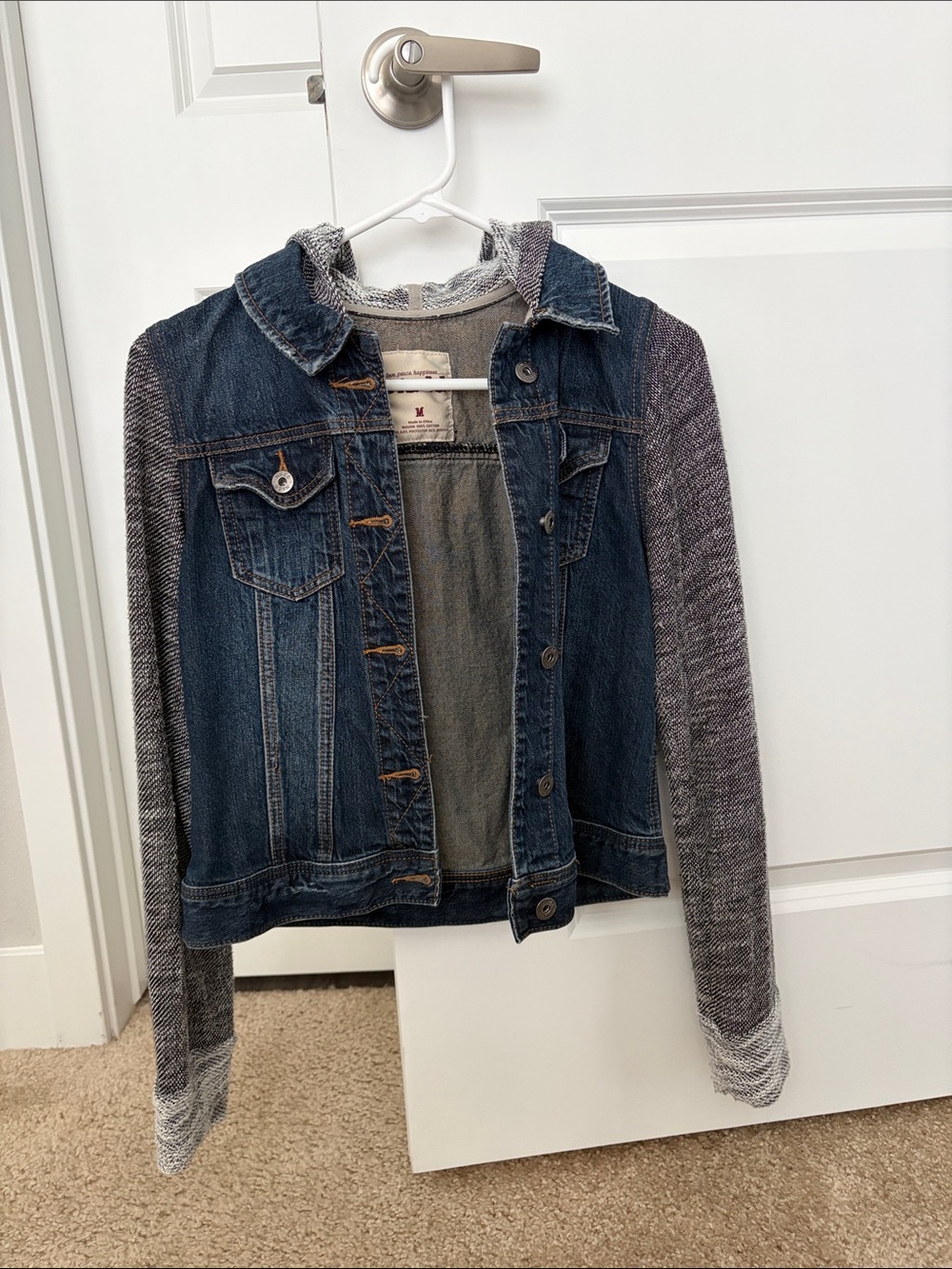 Mudd Blue Denim Jacket with Gray Knit Sleeves